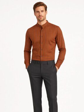 Darpel Men Rust Black Stripe Band Collar Shirt